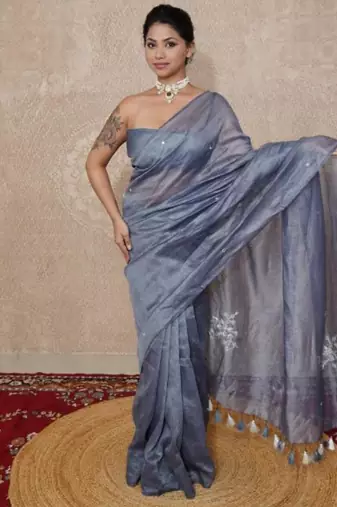 grey silk blend linen saree
