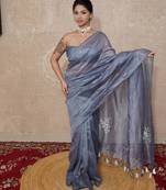 grey silk blend linen saree