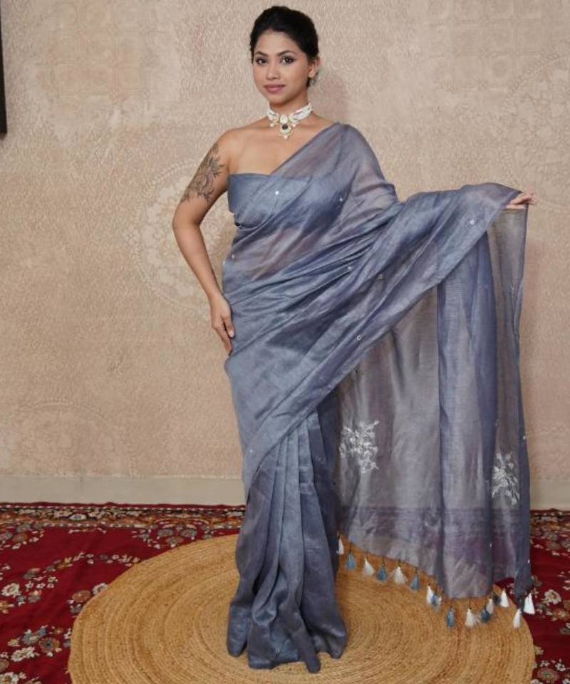 grey silk blend linen saree