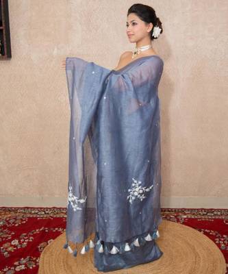 grey silk blend linen saree 3