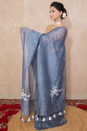 grey silk blend linen saree