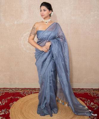 grey silk blend linen saree 4
