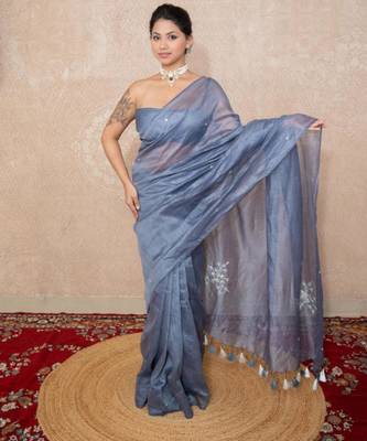 grey silk blend linen saree 5