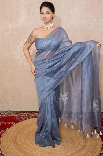 grey silk blend linen saree