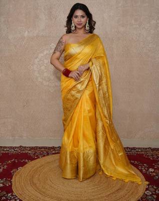 yellow silk blend linen saree 1