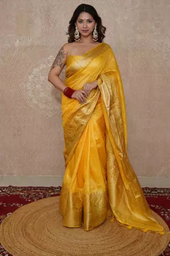 yellow silk blend linen saree