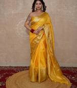 yellow silk blend linen saree