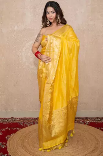 yellow silk blend linen saree