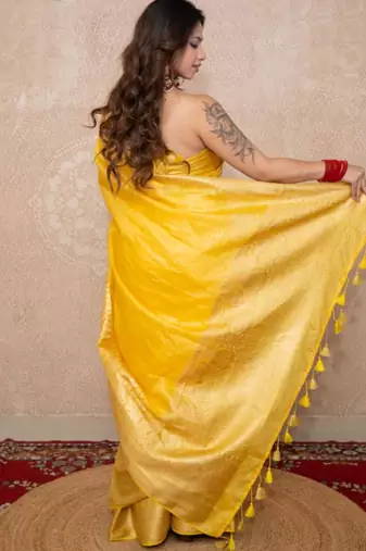 yellow silk blend linen saree