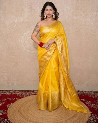yellow silk blend linen saree 4