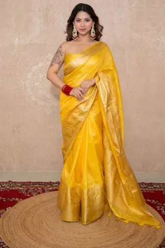 yellow silk blend linen saree