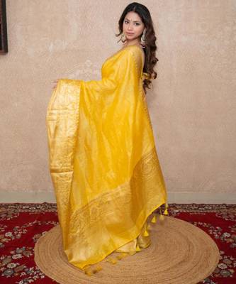 yellow silk blend linen saree 5