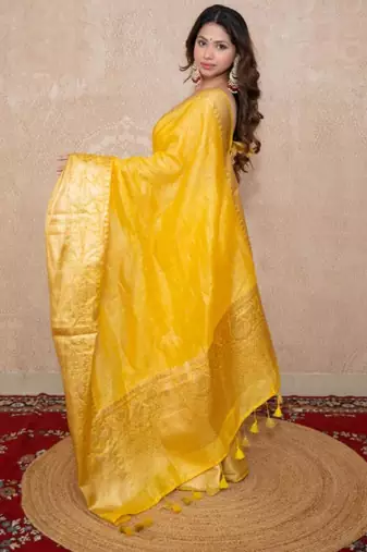 yellow silk blend linen saree