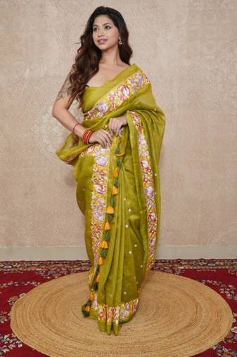 green floral silk blend saree
