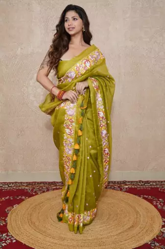green floral silk blend saree