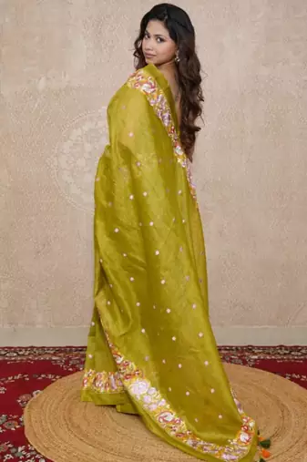 green floral silk blend saree