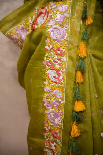 green floral silk blend saree