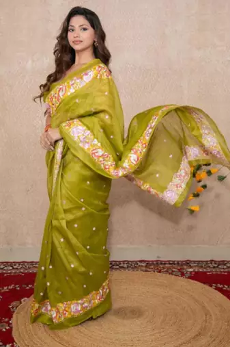 green floral silk blend saree
