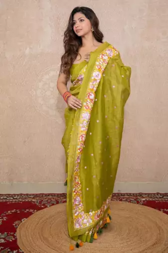 green floral silk blend saree