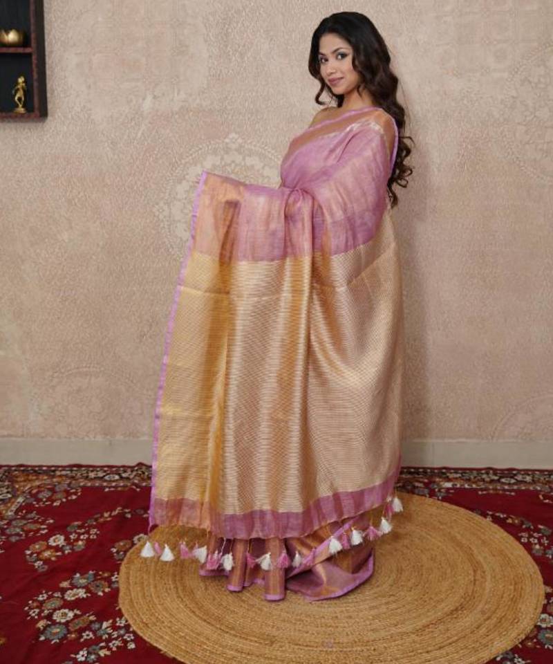 pink zari saree with temple border