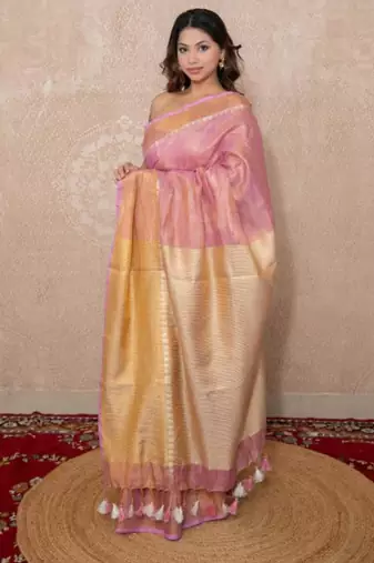 pink zari saree with temple border