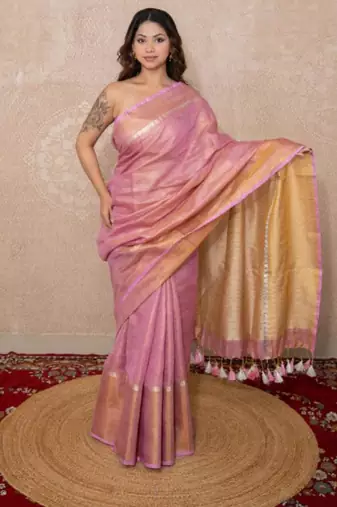 pink zari saree with temple border