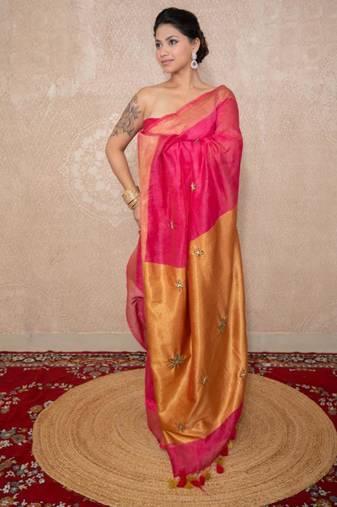 pink saree with hand embroidery
