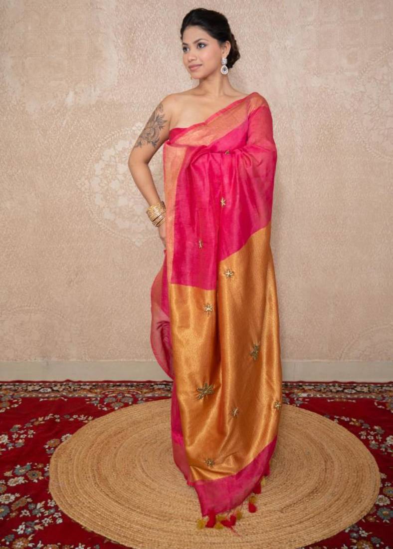 pink saree with hand embroidery