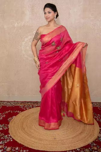 pink saree with hand embroidery