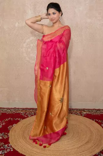 pink saree with hand embroidery