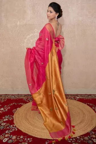 pink saree with hand embroidery