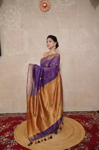 purple saree with hand embroidery