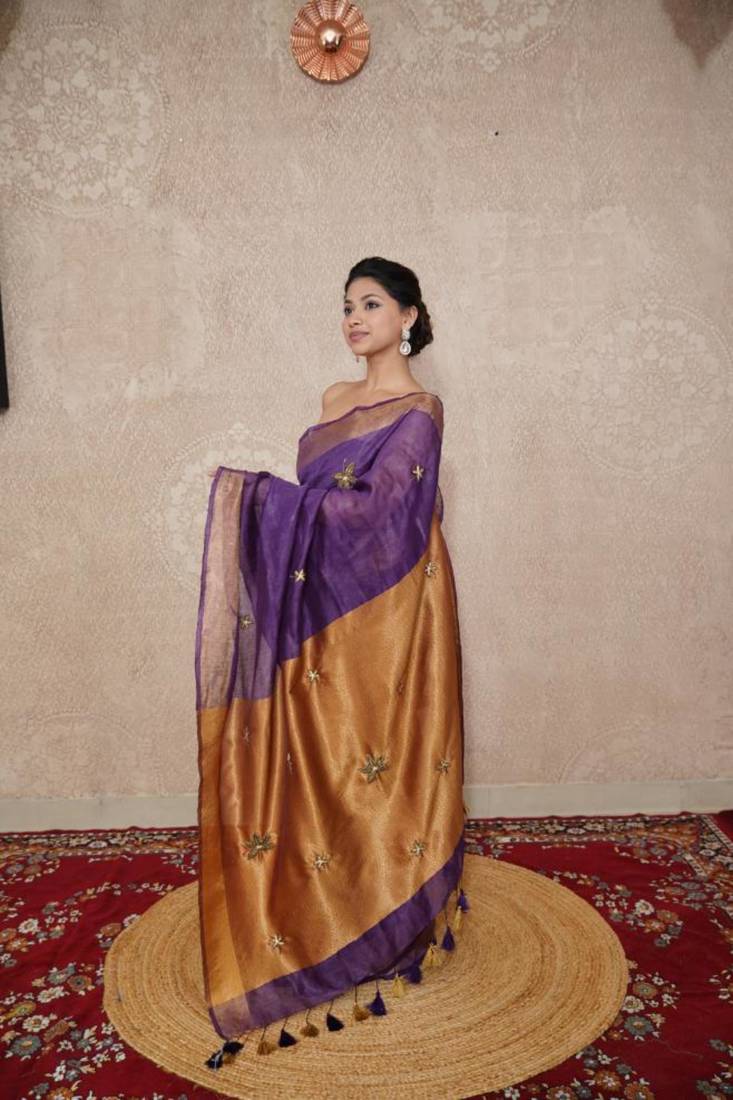 purple saree with hand embroidery