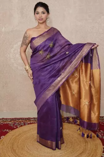 purple saree with hand embroidery