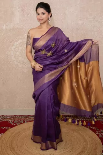 purple saree with hand embroidery