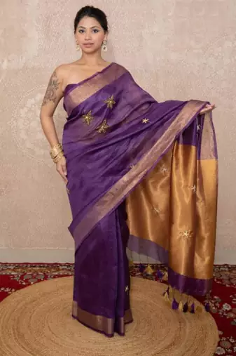 purple saree with hand embroidery