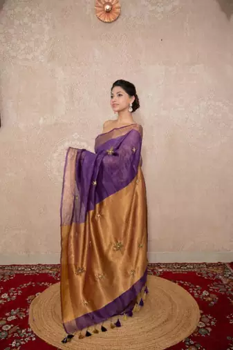 purple saree with hand embroidery