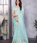 Ocean blue shimmer chiffon butta embroidery work bollywood saree