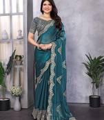 Teal shimmer chiffon butta embroidery work bollywood saree