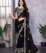 Black shimmer chiffon butta embroidery work bollywood saree
