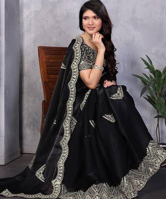 Black shimmer chiffon butta embroidery work bollywood saree 4