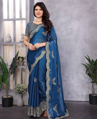 Royal blue shimmer chiffon butta embroidery work bollywood saree 1