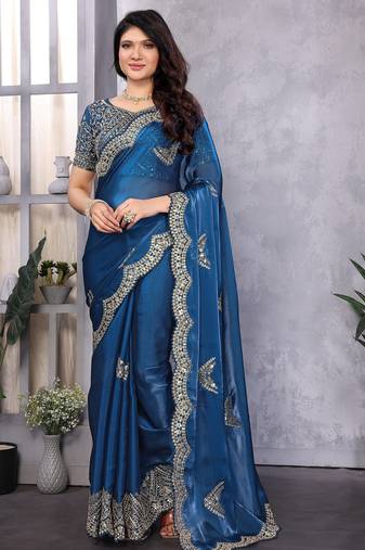 Royal blue shimmer chiffon butta embroidery work bollywood saree