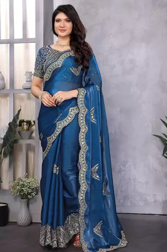 Royal blue shimmer chiffon butta embroidery work bollywood saree