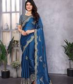 Royal blue shimmer chiffon butta embroidery work bollywood saree