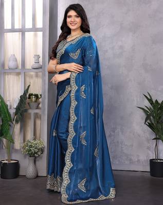 Royal blue shimmer chiffon butta embroidery work bollywood saree 2