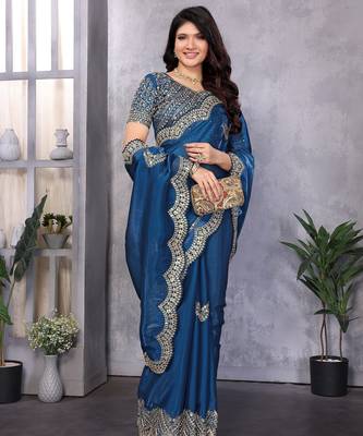 Royal blue shimmer chiffon butta embroidery work bollywood saree 3
