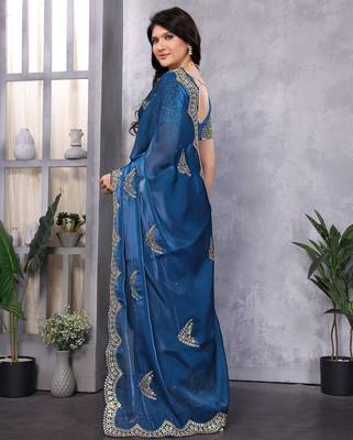 Royal blue shimmer chiffon butta embroidery work bollywood saree 4