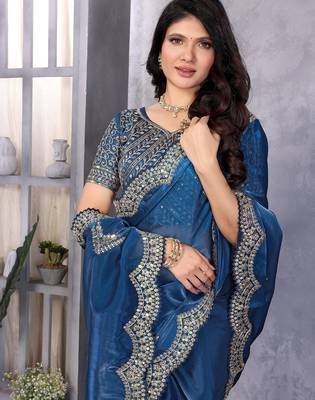 Royal blue shimmer chiffon butta embroidery work bollywood saree 5