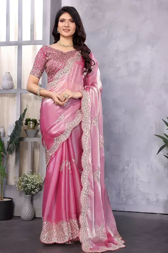 Baby pink shimmer chiffon butta embroidery work bollywood saree